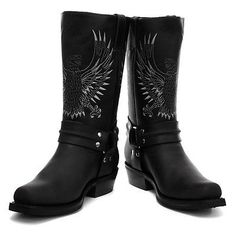 Picture 3 of 6 Biker Cowboy, Black Biker Boots, Black Leather Cowboy Boots, Eagle Black, Leather Western Boots, Mens Boots Fashion, Harness Boots, Accessories Style, Leather Cowboy Boots