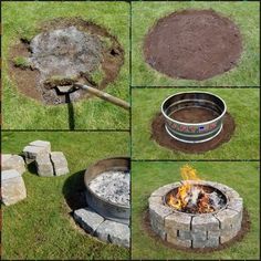 four pictures showing how to build an outdoor fire pit in the ground and around it