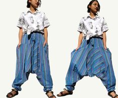 two images of a woman wearing blue and white striped pants