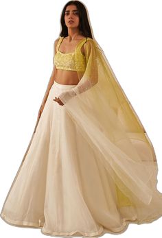 Ivory and Neon Embroidered Lehenga Set Zoontribe - Fabilicious Fashion White Tissue Silk Choli For Party, Off White Organza Lehenga For Festive Occasions, White Organza Cutdana Choli, Off White Organza Dupatta With Cutdana, Festive Off White Organza Lehenga, Festive Off-white Organza Lehenga, White Tissue Silk Lehenga With Cutdana, White Tissue Silk Lehenga With Cutdana Details, Off White Organza Lehenga For Reception