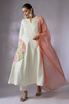 Ivory A-line kurta with crystal embellished floral embroidery on side. Comes with pant and dupatta. - Aza Fashions Aline Suits Design, Light Embroidery Designs For Suits, Aza Fashion Outfits 2024 Suits, Satin Outfit, Embroidery Kurta, Kurti Sleeves, Embroidery Pants, Hanger Ideas, Kurti Sleeves Design