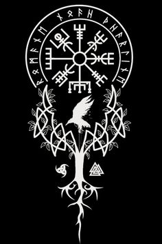 an image of a tree with two birds on it and some other symbols around it