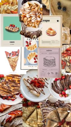 a collage of different types of desserts and pastries on plates, including strawberries