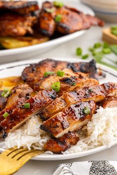 a plate with rice and chicken on it next to another plate filled with meats