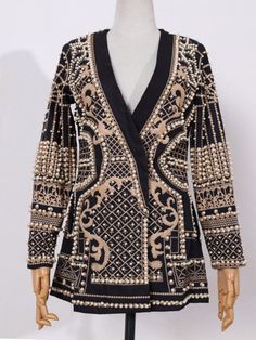 New Beaded Geometric Autumn Winter Long Sleeves V-Neck Vintage Ladies Outwear vintage fashion Overcoats – madragora Straight Clothes, Jackets Winter, Beaded Jacket, Outwear Coat, Women Shawl, Moda Vintage, Winter Coats, Blazers For Women, Jacket Style