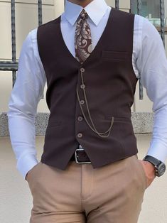 Bojoni Astoria Slim Fit Woolen Brown Vest | BOJONI Brown Vest Outfit, Suit Vest Outfits, Brown Vest Men, Men Vest Outfits, Brown Waistcoat, Vest Outfits Men, Waistcoat Outfit, Mens Vest Fashion, Men's Vest