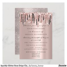 a pink and silver party card with glitter fringes on the border, in front of a