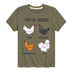 He'll love showing off his own style with this boys' Types Of Chickens Graphic Tee. Short sleeves CrewneckFABRIC & CARE Imported Machine wash Cotton, polyester Licensed Character He'll love showing off his own style with this boys' Types Of Chickens Graphic Tee. He'll love showing off his own style with this boys' Types Of Chickens Graphic Tee. Size: X Large. Color: Green. Gender: male. Age Group: kids. Types Of Chickens, Rhode Island Red, Plymouth Rock, Chicken Shirts, Own Style, How To Show Love, Fabric Care, Age Group, Graphic Tshirt