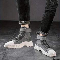 Russoo - Stylish Mens High-Top Lace-Up Sneaker Boots for Casual Walking Casual Low-top Martin Boots For Streetwear, Casual Canvas Shoes With Round Toe For Fall, Casual Round Toe Canvas Shoes For Fall, High-top Martin Boots With Rubber Sole For Streetwear, Ankle-high Martin Boots For Streetwear, Casual Ankle-high Martin Boots For Spring, Fall Season Casual Canvas Shoes With Round Toe, Low-top Martin Boots For Fall Streetwear, Low-top Martin Boots For Streetwear In Fall