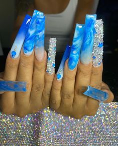 Long Square Acrylic Nails New Years, Xl Long Acrylic Nails Blue, Blue Xxl Nails, Long Blue Acrylic Nails, Blue Baddie Nails, Dope Blue Nails, Baddie Nails Acrylic Blue, Blue Bling Nails, Sky Blue Nails