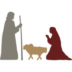 the silhouettes of two people and a baby jesus in front of a manger scene