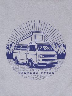 an old van is parked in front of mountains and the words venture often on it