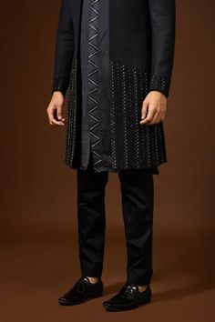 Shop for Paarsh Blue Terry Cotton Embroidered Panelled Achkan Kurta Set for Men Online at Aza Fashions Fitted Sets With Embroidered Sleeves For Transitional Season, Embellished Long Sleeve Black Kurta, Designer Cotton Bandhgala With Long Sleeves, Fitted Long Sleeve Kurta With Embroidered Cuffs, Black Embellished Sherwani With Long Sleeves, Black Embellished Long Sleeve Sherwani, Fitted Kurta With Embroidered Sleeves And Traditional Drape, Designer Embroidered Cotton Sherwani, Cotton Kurta With Embroidered Sleeves For Festivals