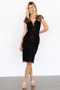 Delphine Applique Midi Dress | Black Cocktail Jumpsuit, Dress For Formal, Black Lace Midi Dress, Destination Dress, Black Dresses Classy, Baltic Born, Midi Dress Black, Velvet Fashion, Lace Sheath Dress