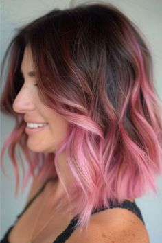 Pink Ombre Hair Color Idea. Subtle Fashion Color Hair, Brunette Pink Ombre Hair, Natural And Colored Hair, Dark Hair With Pastel Pink Highlights, Hair Colour Ideas For Medium Hair, Straight Ombré Hair, Colored Hair With Brown Roots, Low Maintenance Hair Colours, Ombre Pink Hair Brown