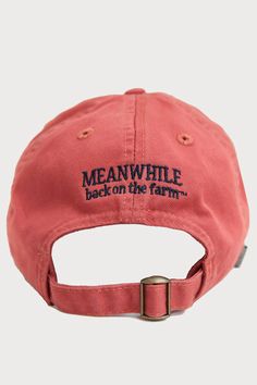 Our twill hat features a navy Meanwhile rooster on the front and Meanwhile Back On The Farm stitched on the back. Classic Red Cotton Hat, Casual Curved Brim Hat Made In Usa, Casual Short Brim Hat For Baseball Season, Casual Adjustable Hats Made In Usa, Casual Cap For Country Events, Red Six-panel Cotton Hat, Classic Red Cotton Baseball Cap, Casual Cotton Hats Made In Usa, Red Cotton Six-panel Hat