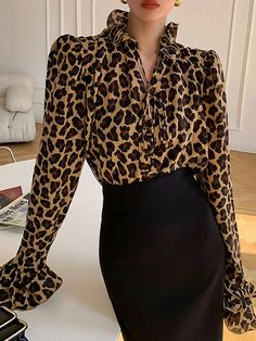 stylewe | stylewe Stand Collar Blouse, Leopard Blouse, Pleated Shirt, Fitted Blouses, Sleeves Clothing, Leopard Print Blouse, Ruffled Sleeves, Collar Blouse, Print Blouse