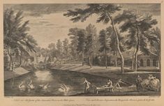 this is an old drawing of people in the woods by a river with ducks and swans