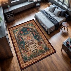 a bedroom with a leopard rug on the floor