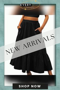 Black Cotton Blend Swing Maxi Skirt with Pockets Black Skirted Bottoms, Black Tiered Skirt With Pockets, Black Skirt Bottoms For Vacation, Black Skirt For Vacation, Black Long Skirt For Vacation, Black Tiered Skirt For Vacation, Summer Black Maxi Skirt With Pockets, Black Maxi Skirt For Spring Vacation, Black Spring Vacation Maxi Skirt