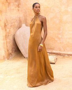 With an elegant cut and delicate detailing, the Ancient Light Halter Dress envelops you in softness and style. Made with sustainable with yarns from EcoVero. Hope you will love it as much as we do 💛 Maxi Kaftan, Kaftan Maxi Dress, Short Kimono, Dress Home, Baddie Outfits, Wedding Colors, Love It, Halter Dress, Summer Fashion