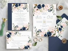 wedding stationery with blue and pink flowers