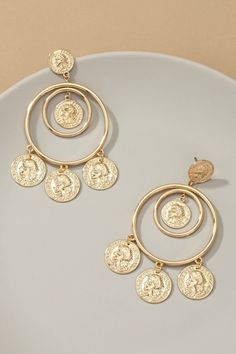 Double Hoop Drop Coin Charm Earrings: Double hoop drop earrings with multiple coins dangling. Made of alloy and iron. Earrings have a post back to keep them safe and secure.Size: 2.0" x 3.25" Gold Coin Earrings, Silver Earrings Aesthetic, Anniversary Earrings, Coin Earring, Hoop Drop Earrings, Earrings Double, Earrings Aesthetic, Coin Earrings, Gold Coins