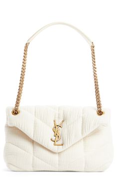 Matelassé topstitching highlights the crinkle-textured cotton twill of a compact puffer shoulder bag with a gleaming monogram logo on the flap. Magnetic-snap flap closure Pull-through chain-and-leather strap Textile with leather trim Made in Italy Designer Handbags Loulou Puffer, White Shoulder Bags, Small Shoulder Bags, Woman Bags Handbags, The Saint, Vanilla Ice, Quilted Leather, Monogram Logo, White Bag