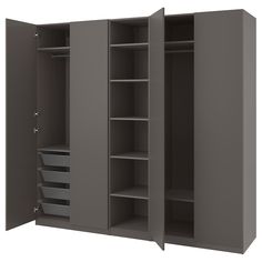 an open closet with drawers and shelves on both sides, in front of a white background