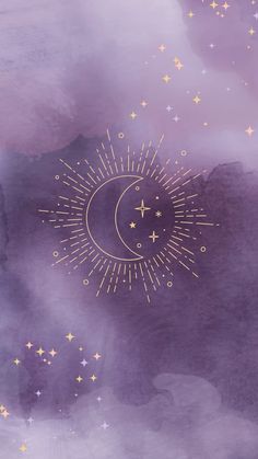 the moon and stars are drawn in gold on a purple watercolor background with white clouds