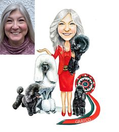 a caricature of a woman with poodles and other dog figurines