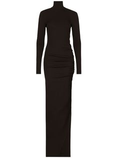 black stretch-design high neck long sleeves side slits ankle-length Formal Stretch High Neck Maxi Dress, Black Midi Dress With Long Sleeves And Side Slits, Black Long Sleeve Midi Dress With Side Slits, Chic High Neck Maxi Dress With Side Slits, Stretch Midi Dress With Side Slits And Long Sleeves, Stretch Long Sleeve Midi Dress With Side Slits, Formal Long Sleeve Midi Dress With Side Slits, Elegant Long Sleeve Maxi Dress With Side Slits, Fall Maxi Dress With Side Slits