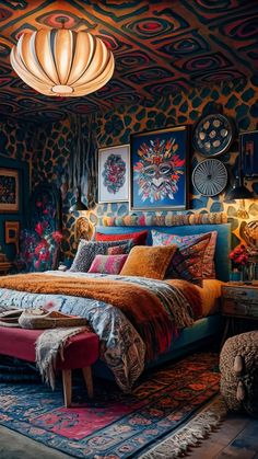 a bedroom decorated in blue, orange and red with an intricate ceiling lamp above the bed