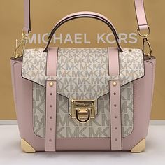 Michael Kors Manhattan Medium Leather And Logo Satchel Color Pawder Blush Multi Nwt New With The Tag Authentic The Manhattan Satchel Lends Modern Appeal To The Classic Trunk Bag Style. Skillfully Crafted From Smooth Leather With A Scaled-Up Take On Our Signature Print, It's Defined By Metal Corners And Distinctive Stud Hardware. A Flip-Lock Closure Opens To Reveal An Exterior Front Slip Pocket That Provides Easy Access To Your Phone. Satchel Leather 100% Leather From Tanneries Meeting The Highes Pink Leather Bag With Logo, Pink Leather Bag With Metal Hardware, Navy Blue Handbags, Trunk Bag, Bags Michael Kors, Black Leather Satchel, Blue Handbags, Leather Satchel Bag, Signature Print