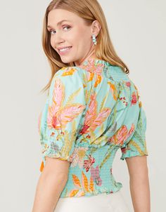 Anya Smocked Blouse Queenie Tropical Floral Sea Foam from Spartina 449 Smocked Blouse, Smock Blouse, Spartina 449, Tropical Floral, High Rise Jeans, Sea Foam, Light Green, Smocking, Apparel Accessories