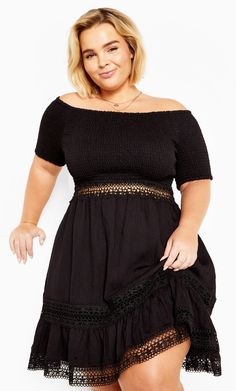 Dress your curves in chic style with the Aura Dress, finished in a timeless black. Shop women's plus size fashion online at City Chic. Torrid Outfits, Size 16 Women, Plus Size Party Dresses, Style Mistakes, Crochet Details, Plus Size Dress, Casual Fall, Ballet Flats, Plus Size Dresses