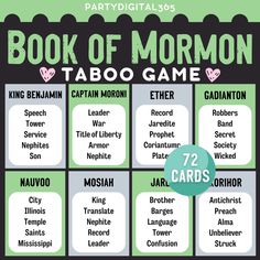 the book of mormon tattoo game is shown in green and black with pink hearts on it