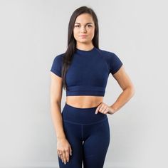 Tried On Once Wasn’t Fan Of The Fit On Me Personally, New W/O Tags Crew Neck Crop Top For Workout, Fitted Crew Neck Crop Top For Workout, Blue Crew Neck Crop Top For Sports, Fitted Cropped Sports Top, Fitted Navy Crew Neck Top, Navy Fitted Crew Neck Top, Fitted Crew Neck Crop Top For Gym, Fitted Short Sleeve Crop Top For Gym, Casual Fitted Navy Crop Top