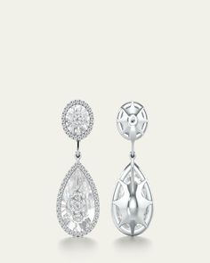 Bhansali drop earrings from the One Collection    18karat solid white gold    Pear and round quartz with diamond halos    1 total diamond carat weight     For pierced ears    Imported Formal Briolette Diamond Cut Earrings, Luxury Diamond Earrings With Halo Design For Evening, Luxury Halo Design Diamond Earrings For Evening, Luxury Platinum Diamond Earrings With Halo Design, Luxury Diamond Earrings With Halo Design, Luxury Diamond Earrings With Halo, Luxury Diamond Bridal Earrings With Halo Design, Luxury Platinum Teardrop Diamond Earrings, Luxury Halo Diamond White Earrings