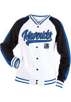 Keep the chill out with this Dallas Mavericks Womens White Slub Snap Front Varsity Medium Weight Jacket! Cheer on the Mavericks in this Dallas Medium Weight Jacket. With a team name and logo embroidery/applique on center chest, you won't want to be caught without this Medium Weight Jacket on gameday. Relaxed fit, Snap front, Contrast team color raglan sleeves, Contrast color neck, hem, and wrist binding, Team name and logo embroidery/applique, 100% COTTON Cotton Sports Team Outerwear, Dallas Mavericks Outfit Woman, Sporty Varsity Jacket With Embroidered Logo For Sports Events, White Team Spirit Varsity Jacket For Sports, White Varsity Jacket With Team Spirit For Sports, White Varsity Jacket For Sports With Team Spirit, White Varsity Jacket For Sports Team Spirit, Collegiate Cotton Outerwear For Game Day, White Cotton Varsity Jacket For Sports Events