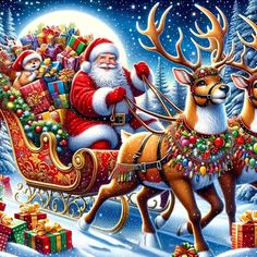 santa claus riding in his sleigh with reindeers and presents on the snow