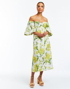 Pre-Order - Emilie Midi Dress Garden Party Lemon Print Midi Dress, Summer A-line Midi Dress With Floral Embroidery, Chic Midi-length Embroidered Dress With Floral Print, Luxury Floral Print Puff Sleeve Midi Dress, Yellow Floral Print A-line Midi Dress, Long Slip Dress, Yellow Midi Dress, Swimwear Dress, Bridesmaid Flowers