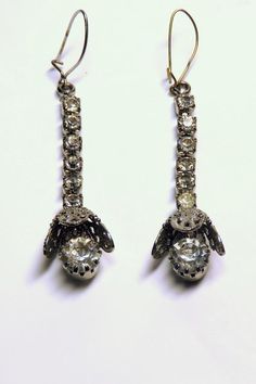 Antique Silver Jeweled Earrings, Costume Jewelry Crystal Dangle Earrings, Dangle Crystal Costume Jewelry Earrings, Crystal Dangle Costume Jewelry Earrings, Vintage Crystal Drop Earrings For Pierced Ears, Vintage Sparkling Stone Drop Earrings, Vintage Jewelry With Sparkling Stones In Drop Earrings, Vintage Rhinestone Drop Earrings, Vintage Jeweled Dangle Crystal Earrings