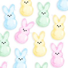 watercolor easter bunnies with black eyes and ears in pastel colors on a white background