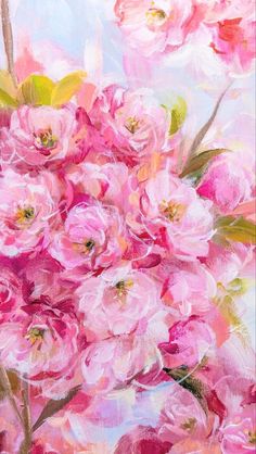 an oil painting of pink flowers in a vase