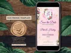 an image of save the date cards on a cell phone with leaves and flowers around it