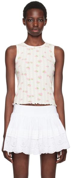 Pointelle knit cotton tank top. Graphic pattern printed throughout. · Picot trim at crewneck and armscyes · Graphic mother-of-pearl button at collar · Lettuce edge at hem Available exclusively at SSENSE. Supplier color: Strawberry White Pointelle Knit Tank Top For Spring, Sandy Liang Top, Feminine Cotton Tops With Scalloped Edges, Fitted Pointelle Knit Tank Top, Fitted Pointelle Knit Tops For Daywear, Feminine Scalloped Edges Top For Summer, Spring Crew Neck Tops With Scalloped Edges, Casual Fitted Pointelle Knit Tank Top, Fitted Cotton Tops With Scalloped Edges