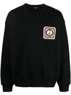 black cotton blend embroidered logo crew neck long sleeves straight hem Black Crew Neck Hoodie With Logo Detail, Black Long Sleeve Top With Logo Patch, Oversized Hoodie With Logo And Crew Neck, Oversized Streetwear Sweater With Embroidered Logo, Cotton Crew Neck Sweater With Logo Print, Oversized Sweater With Embroidered Logo For Streetwear, Black Cotton Sweater With Logo Detail, Streetwear Crew Neck Sweatshirt With Logo Patch, Cotton Hoodie With Logo And Crew Neck