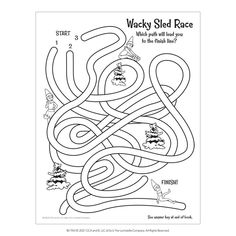 a black and white image of a cartoon maze with words that read wacky sled race