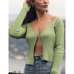 Grass Green Golden Details Open Front Cardigans Cardigan Crop Top, Cardigan Crop, Ribbed Cardigan, Grass Green, Cardigan Fashion, Knit Crop Top, Knitting Women, Open Front Cardigan, Winter Sweaters